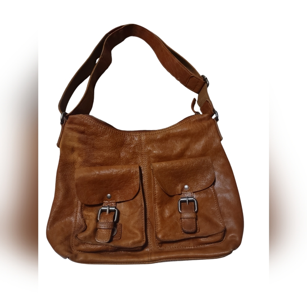 SPIKES & SPARROW BROWN GENUINE LEATHER SHOULDER BAG X-BODY ZIP TOP HANDBAG PURSE